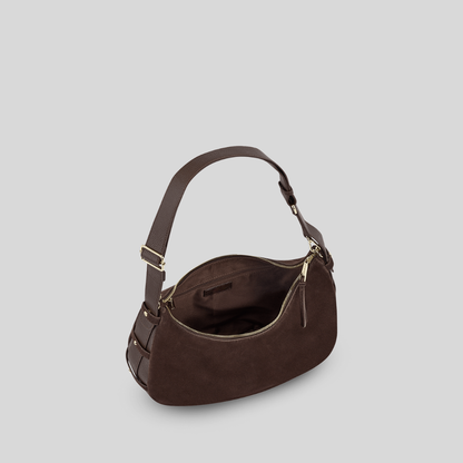 Halbmondförmige Tasche aus kaffeefarbenem Wildlederimitat