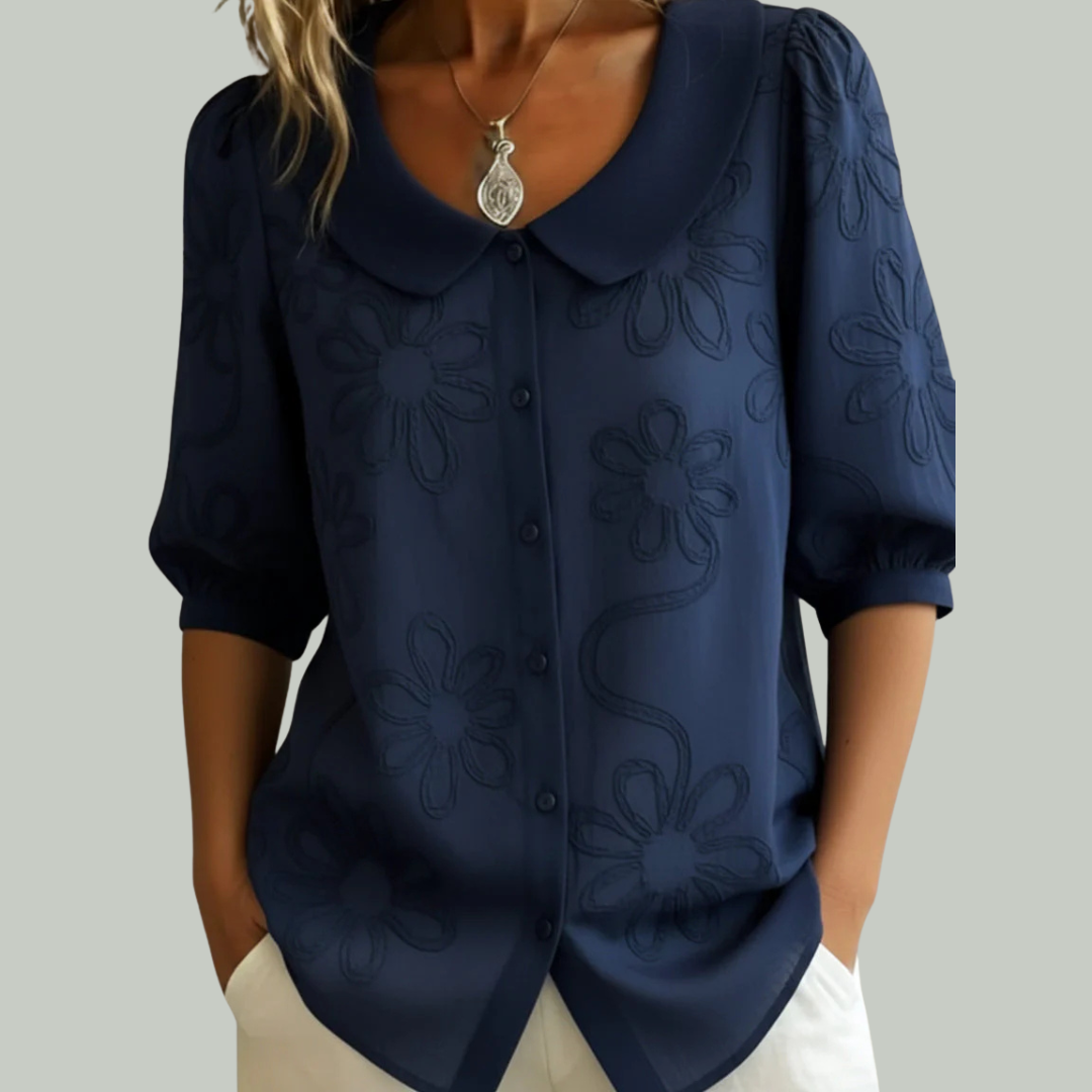 Blouse florale légère femme col rond élégant manches mi-longues