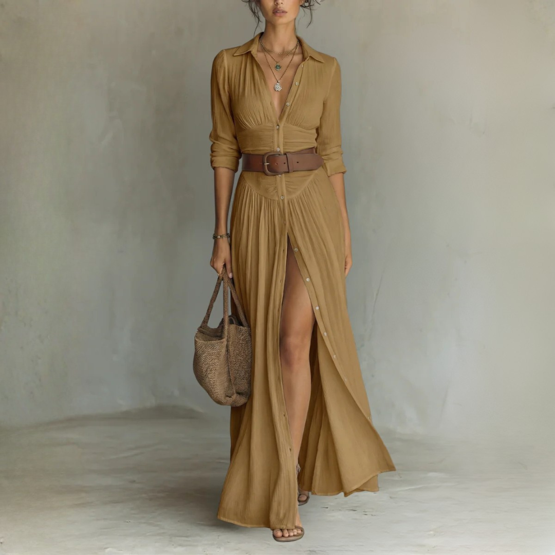 Robe Maxi Élégante à Col Revers