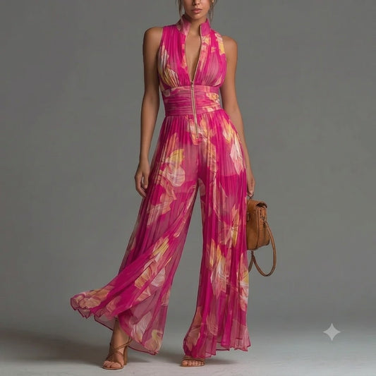 Combinaison florale fuchsia plissée élégante femme
