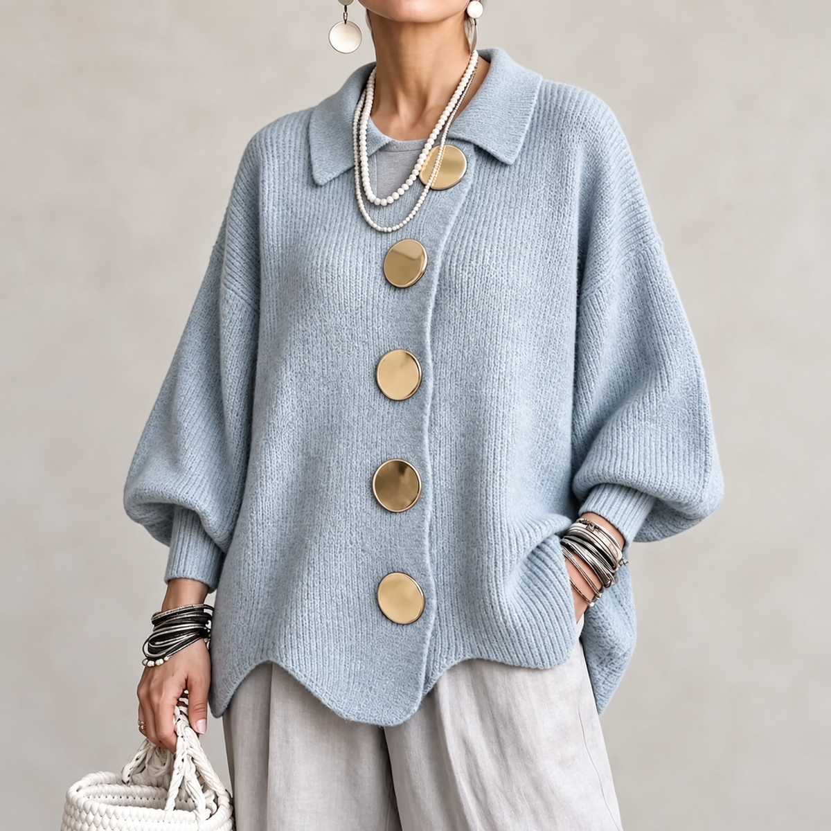 Cardigan Oversize Femme à Boutons Dorés