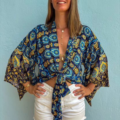 Kimono Court Femme – Fleur Menthe – Léger, Fluide et Estival