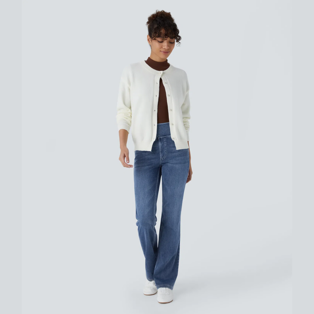 Bootcut-Jeans mit hoher Taille, Stretch und mehreren Taschen