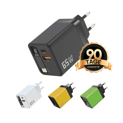 Chargeur rapide 65W avec 2 ports USB et câble détachable