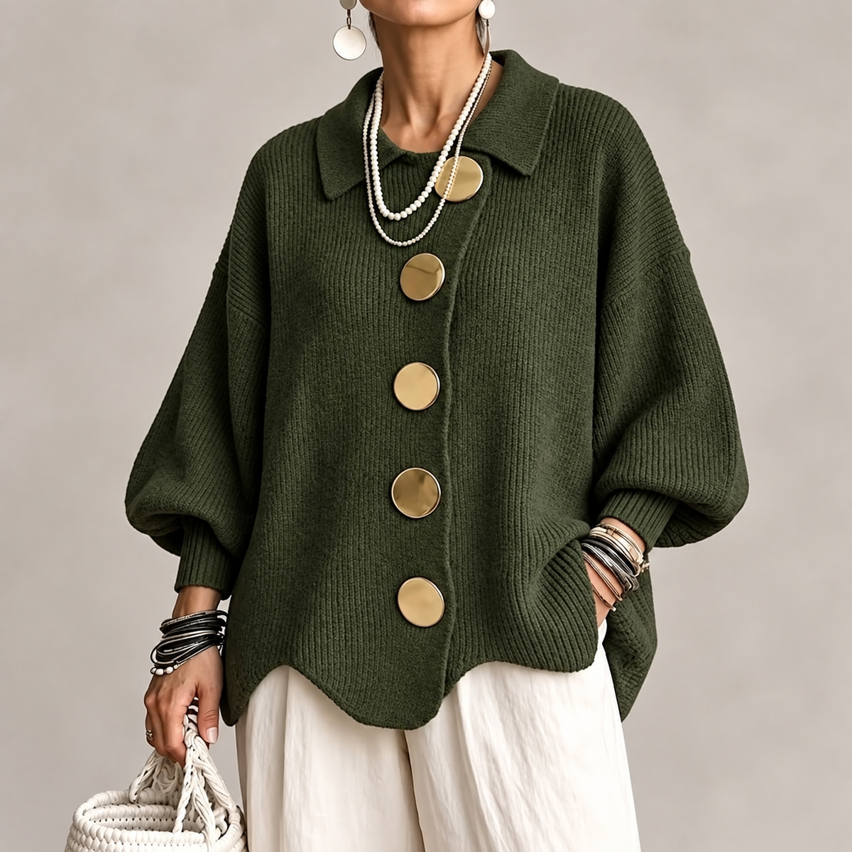 Cardigan Oversize Femme à Boutons Dorés