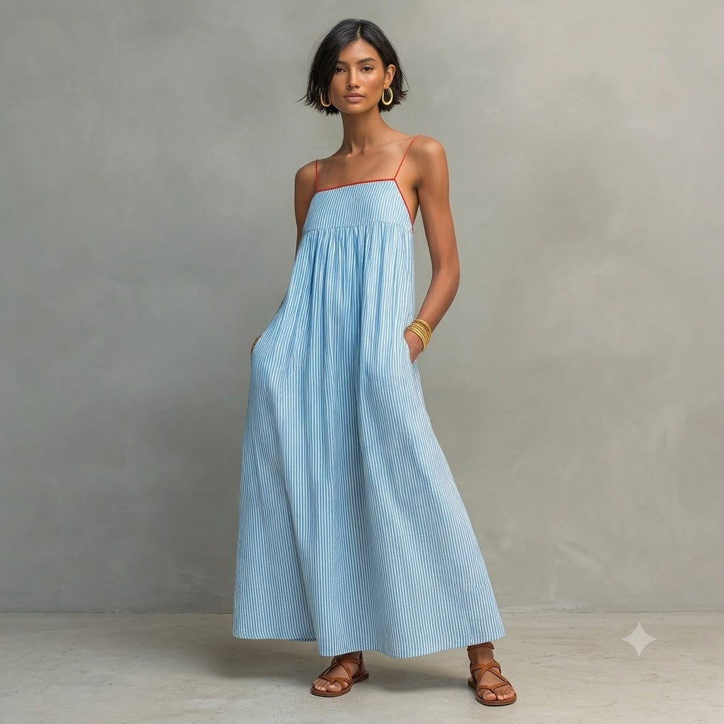 Langes, fließendes, himmelblaues Streifenkleid – leicht und sommerlich