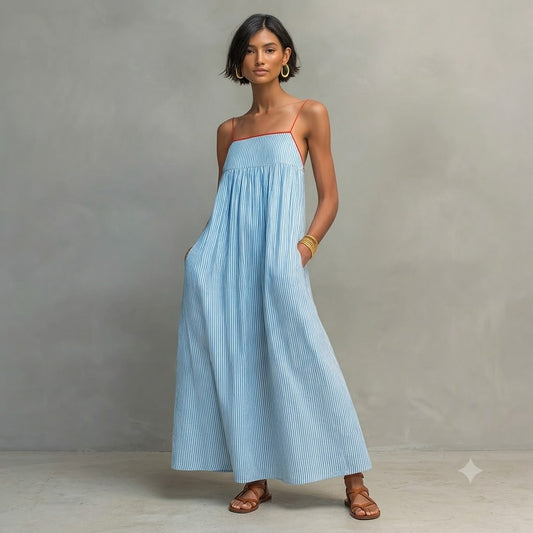 Robe longue fluide rayée bleu ciel légère été