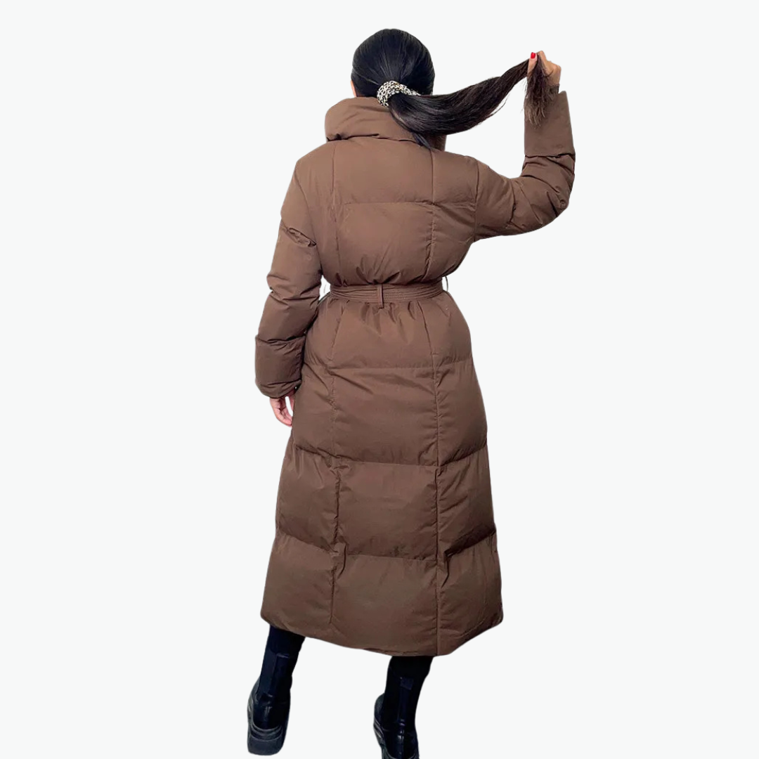 Lange gesteppte Damen-Winterjacke mit Gürtel