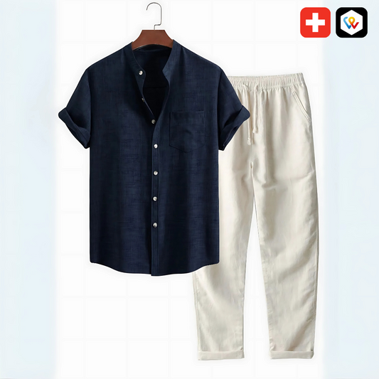 Ensemble Chemise Col Montant & Pantalon Droit en Lin