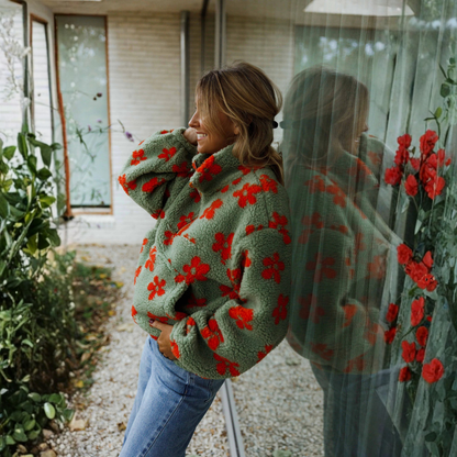 Fleecejacke mit Blumenmuster in Khaki und Orange