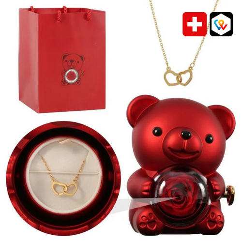 Écrin Ours Rouge & Collier Personnalisé avec Rose Éternelle