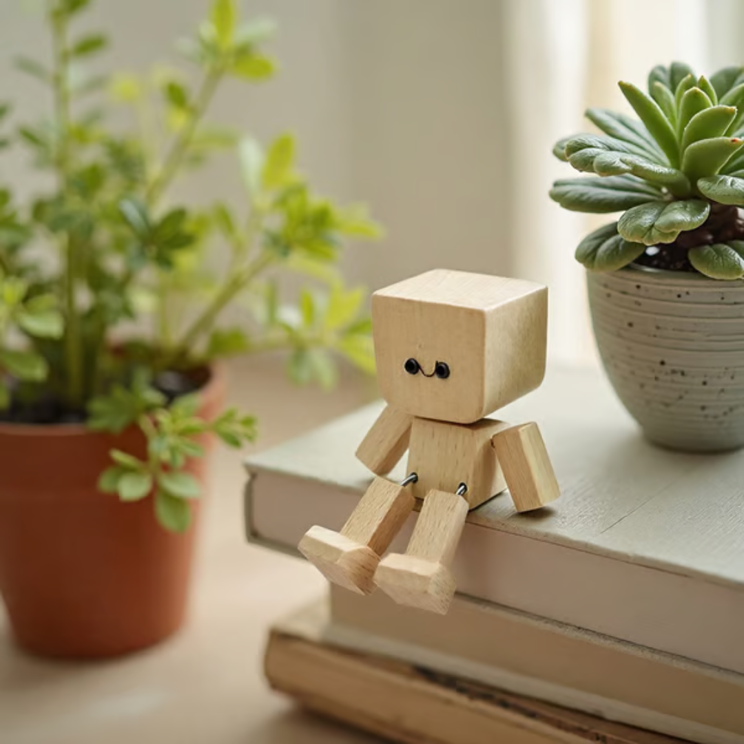 Bewegliche Holzfigur mit magnetischen Gesichtsausdrücken