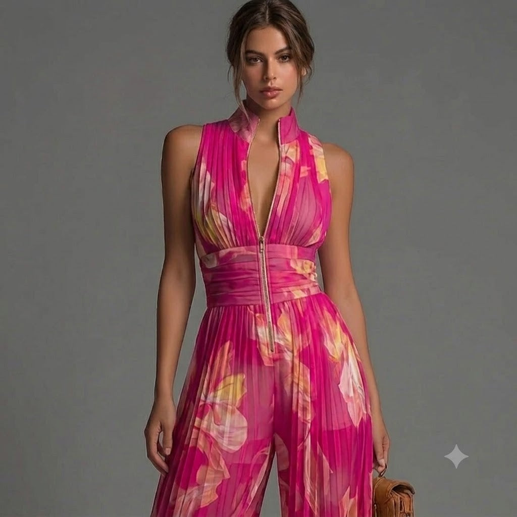 Combinaison florale fuchsia plissée élégante femme