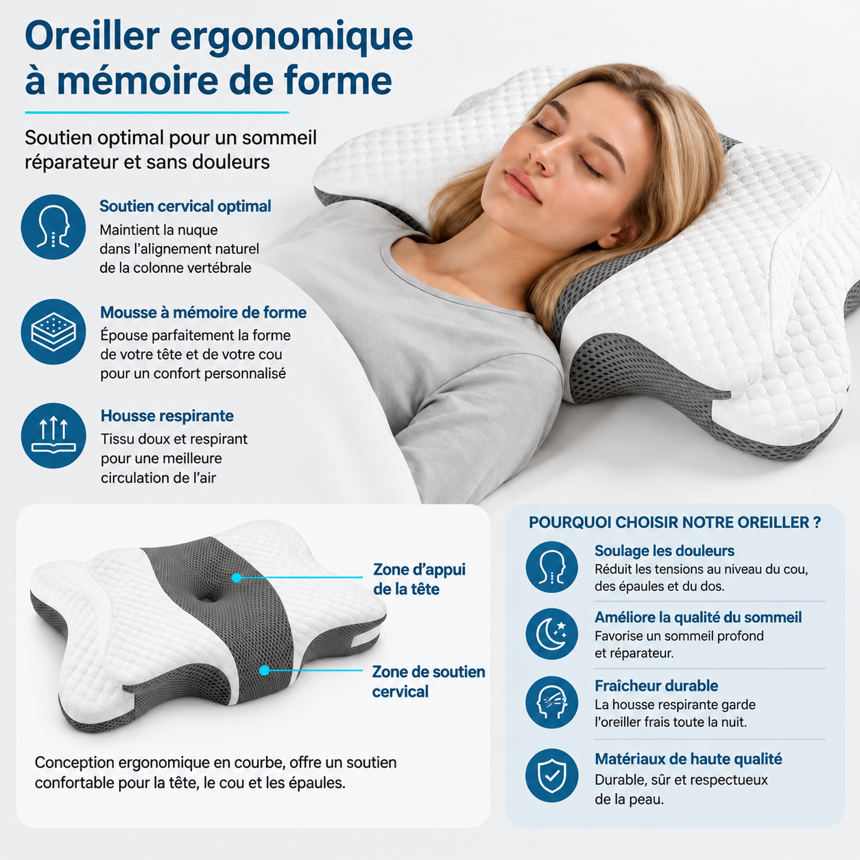 Oreiller Cervical Ergonomique à Mémoire de Forme