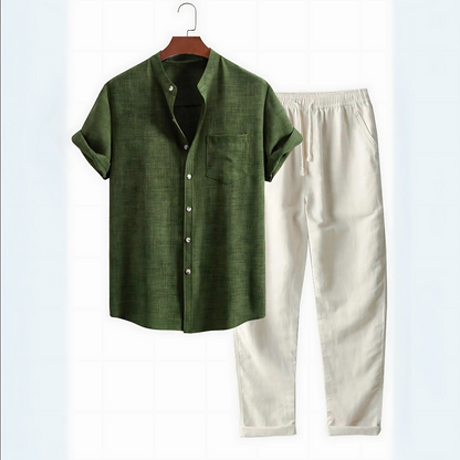 Ensemble Chemise Col Montant & Pantalon Droit en Lin