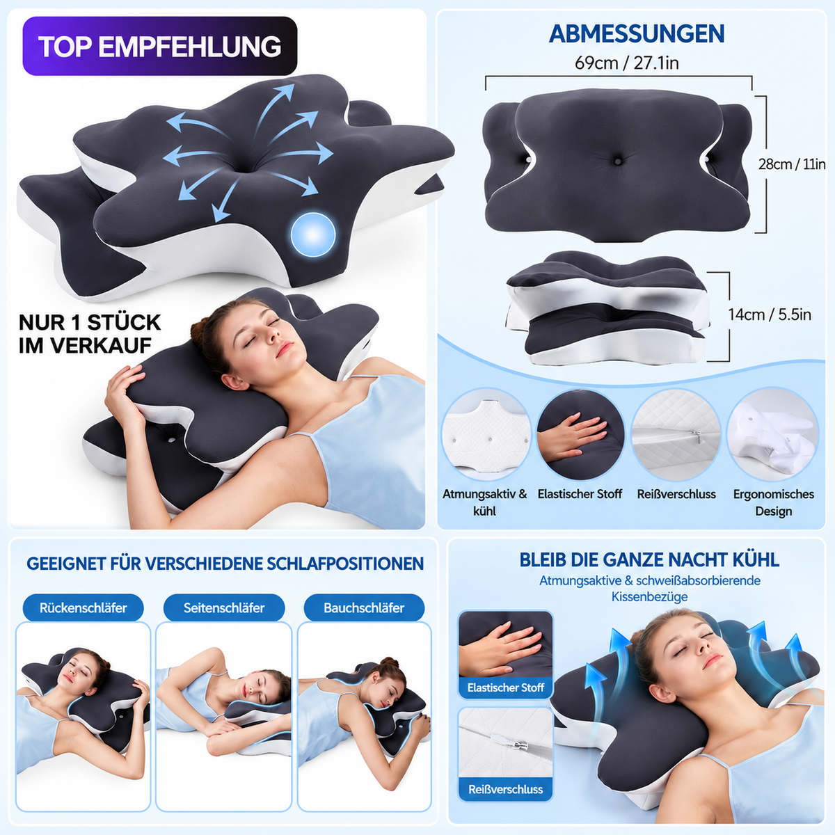 Ergonomisches Kissen mit Formgedächtnis und Kühlfunktion