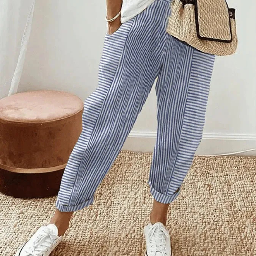 Pantalon Léger Rayé à Taille Élastique