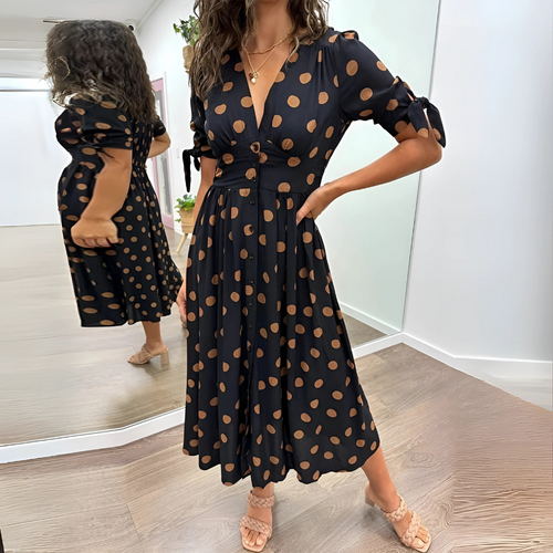 Robe mi-longue noire à pois