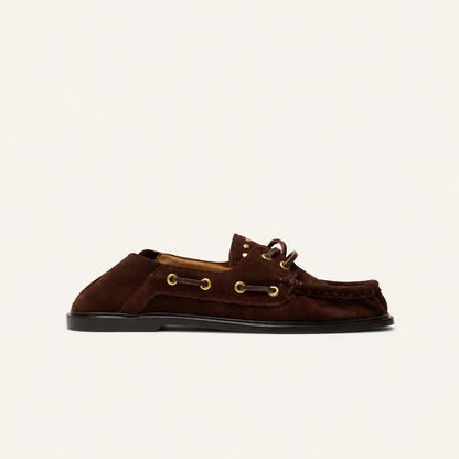 Mocassins Femme en Suède Chocolat à Clous Dorés