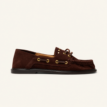 Mocassins Femme en Suède Chocolat à Clous Dorés