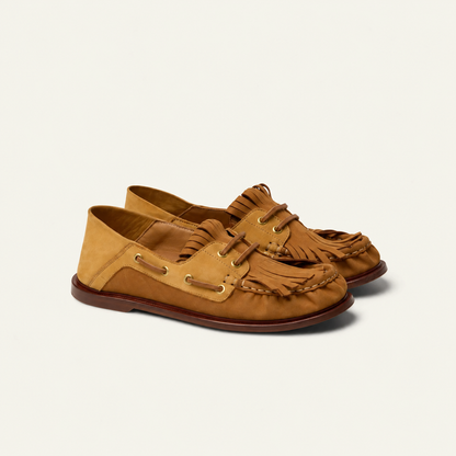 Mocassins Femme en Suède Chocolat à Clous Dorés