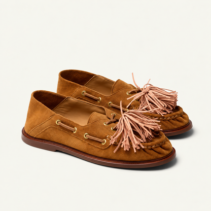 Mocassins Femme en Suède Chocolat à Clous Dorés