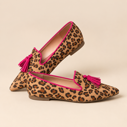 Mocassins léopard femme à pompons fuchsia