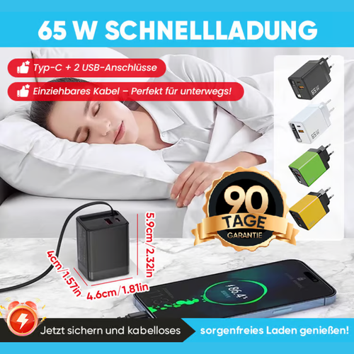 Chargeur rapide 65W avec 2 ports USB et câble détachable