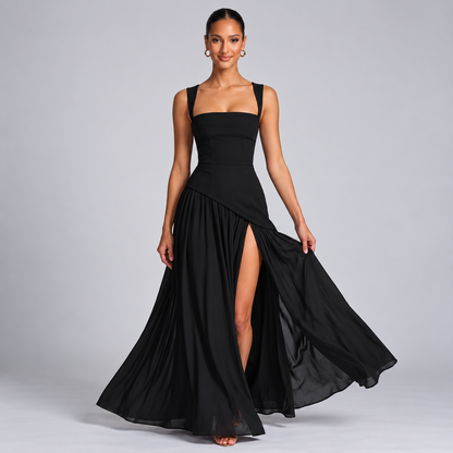 Elegantes langes Kleid mit Schlitz und Schal