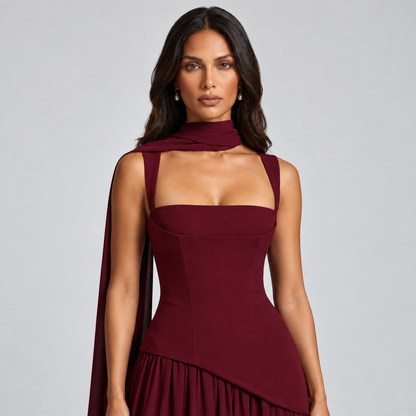 Elegantes langes Kleid mit Schlitz und Schal