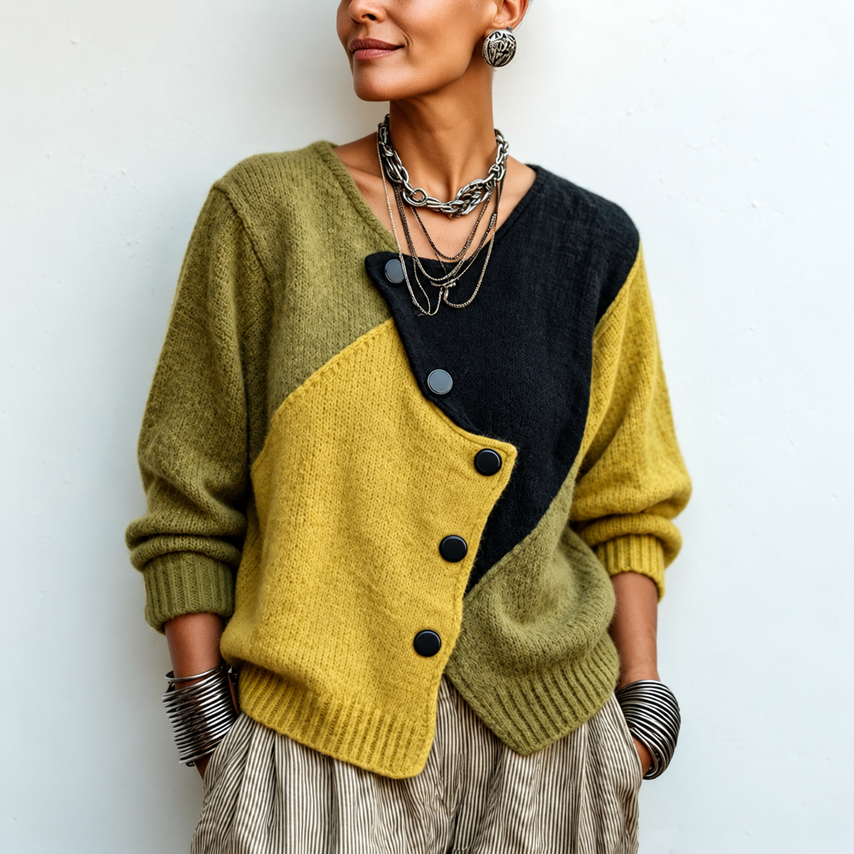 Pull Femme Tricolore en Maille à Boutons Asymétriques