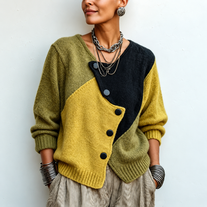 Pull Femme Tricolore en Maille à Boutons Asymétriques