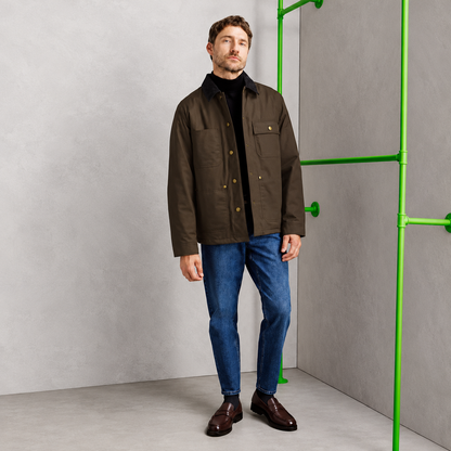Blouson Homme Velours de Coton Kaki à Col Chemise