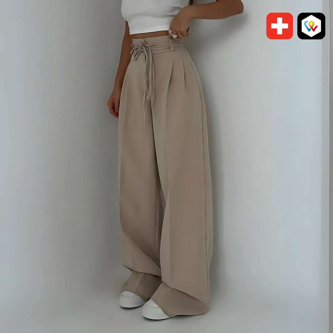 Pantalon Large à Taille Haute avec Lien à Nouer