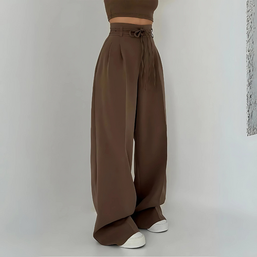 Pantalon Large à Taille Haute avec Lien à Nouer