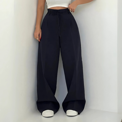 Pantalon Large à Taille Haute avec Lien à Nouer