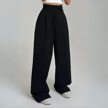 Pantalon Large à Taille Haute avec Lien à Nouer