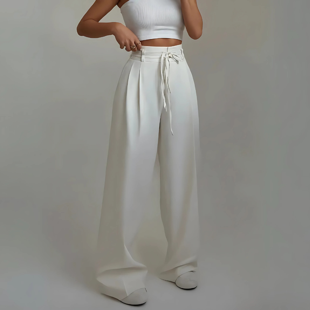 Pantalon Large à Taille Haute avec Lien à Nouer