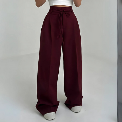 Pantalon Large à Taille Haute avec Lien à Nouer