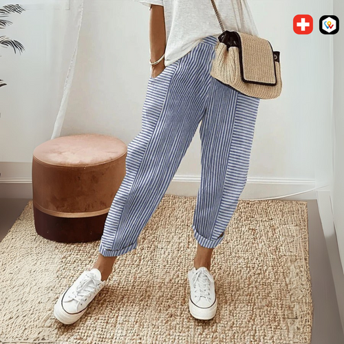 Pantalon Léger Rayé à Taille Élastique