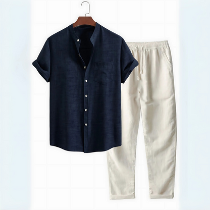 Ensemble Chemise Col Montant & Pantalon Droit en Lin