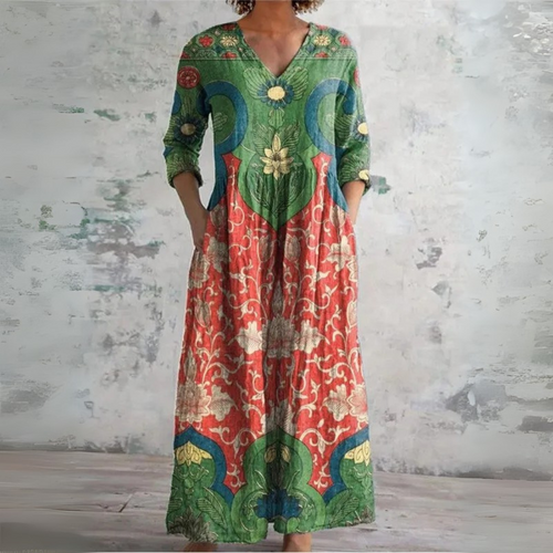 Langes Bohemian-Kleid mit Vintage-Blumenprint