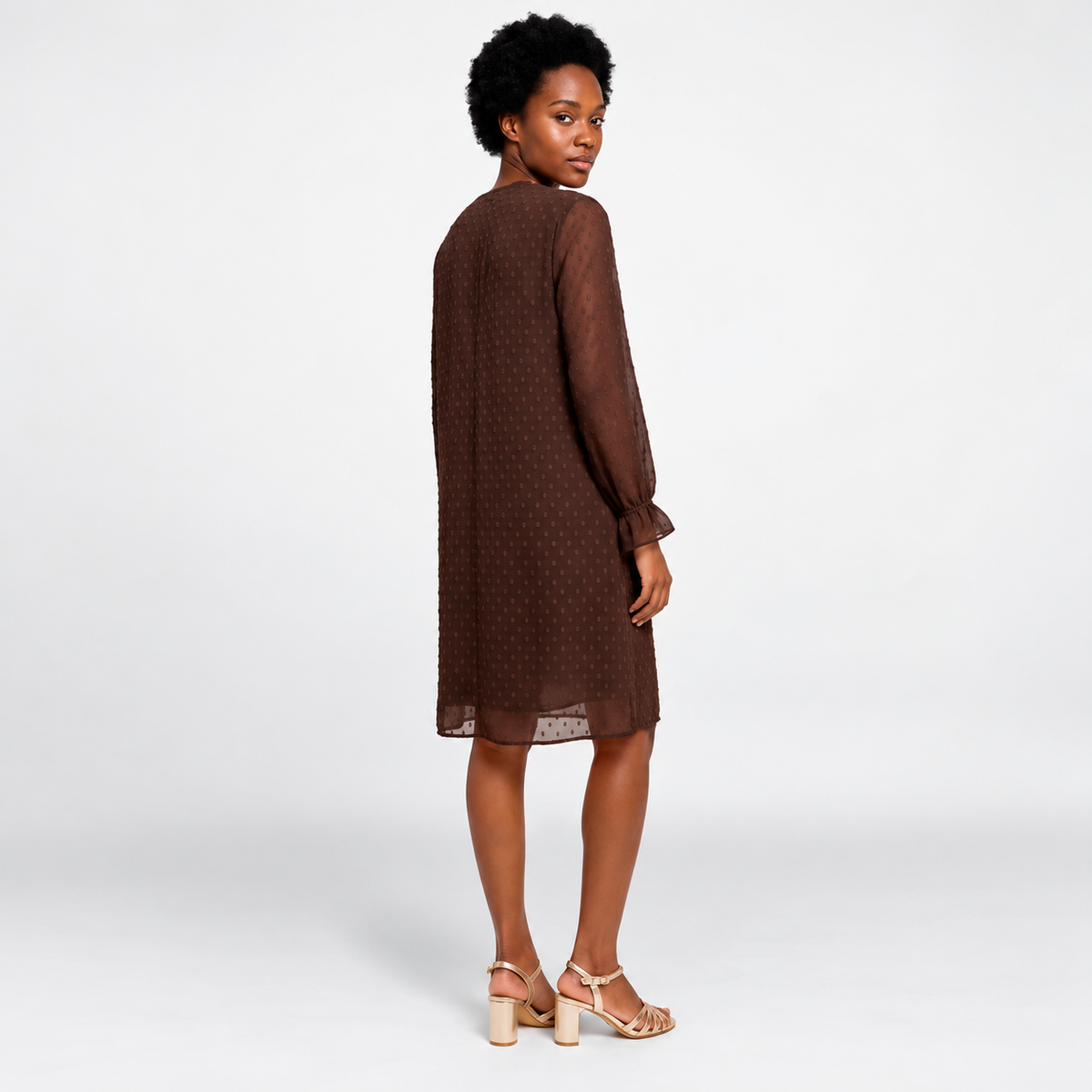 Robe Noire Fluide à Col Noué et Manches Transparentes