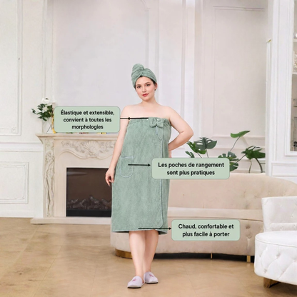 Peignoir de Bain Absorbant avec Bonnet Séchage Intégré