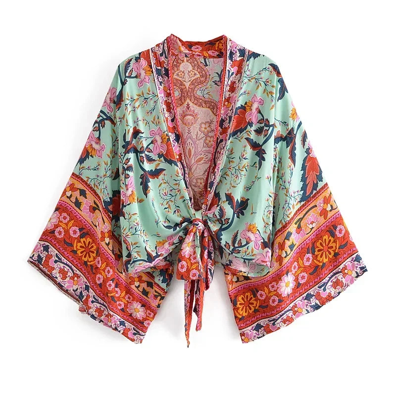 Kimono Court Femme – Fleur Menthe – Léger, Fluide et Estival