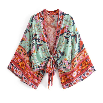 Kimono Court Femme – Fleur Menthe – Léger, Fluide et Estival