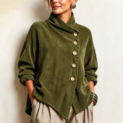 Damenpullover aus geripptem Velours mit elegantem Knopfkragen
