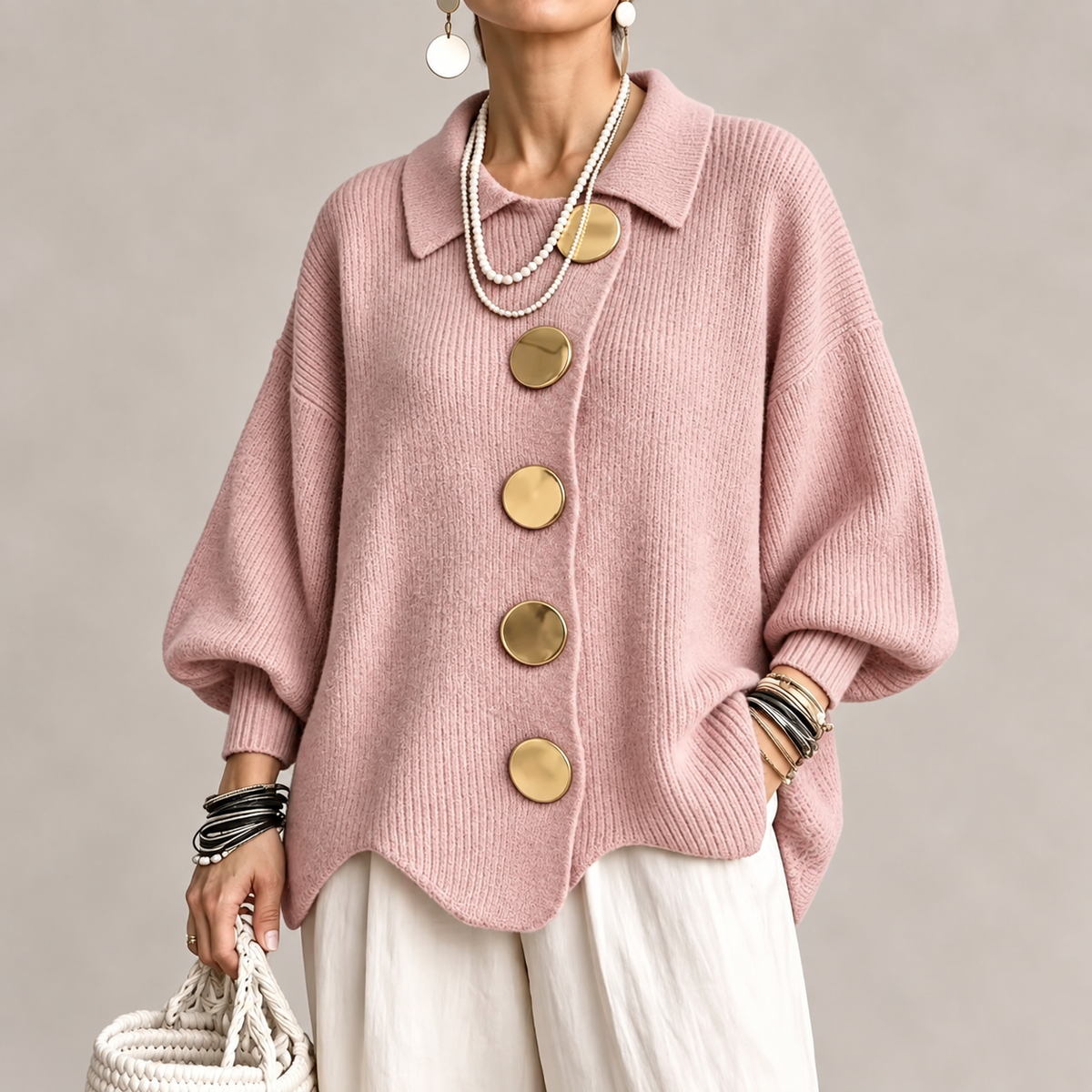 Cardigan Oversize Femme à Boutons Dorés