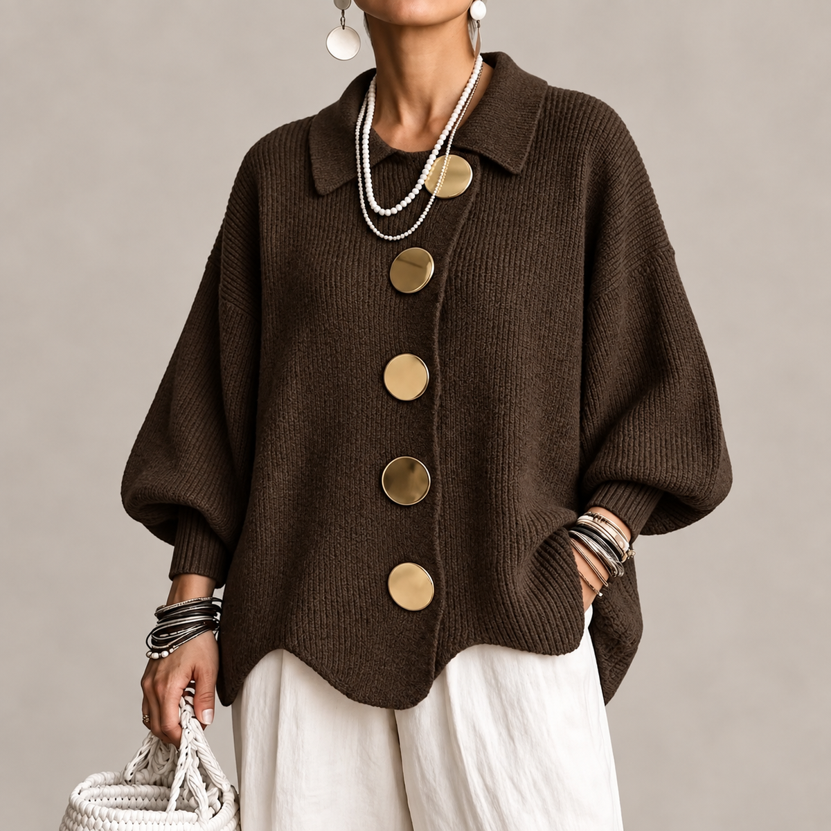 Cardigan Oversize Femme à Boutons Dorés
