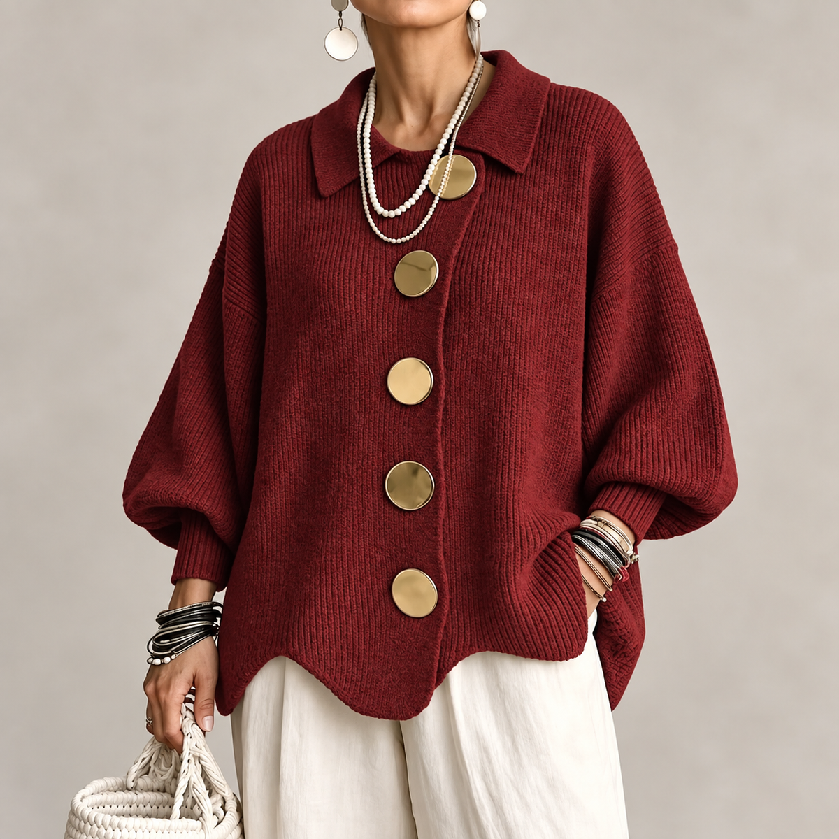 Cardigan Oversize Femme à Boutons Dorés